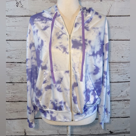 Tops - Hoodie Cropped Full Zip Tie Dye White/Purple-Large